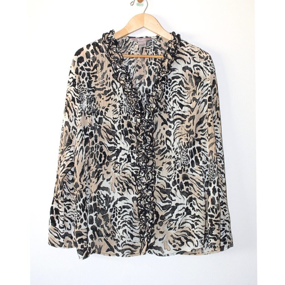 TanJay Animal Print Ruffled Women's Blouse Size 24W Bell Sleeve Lightweight